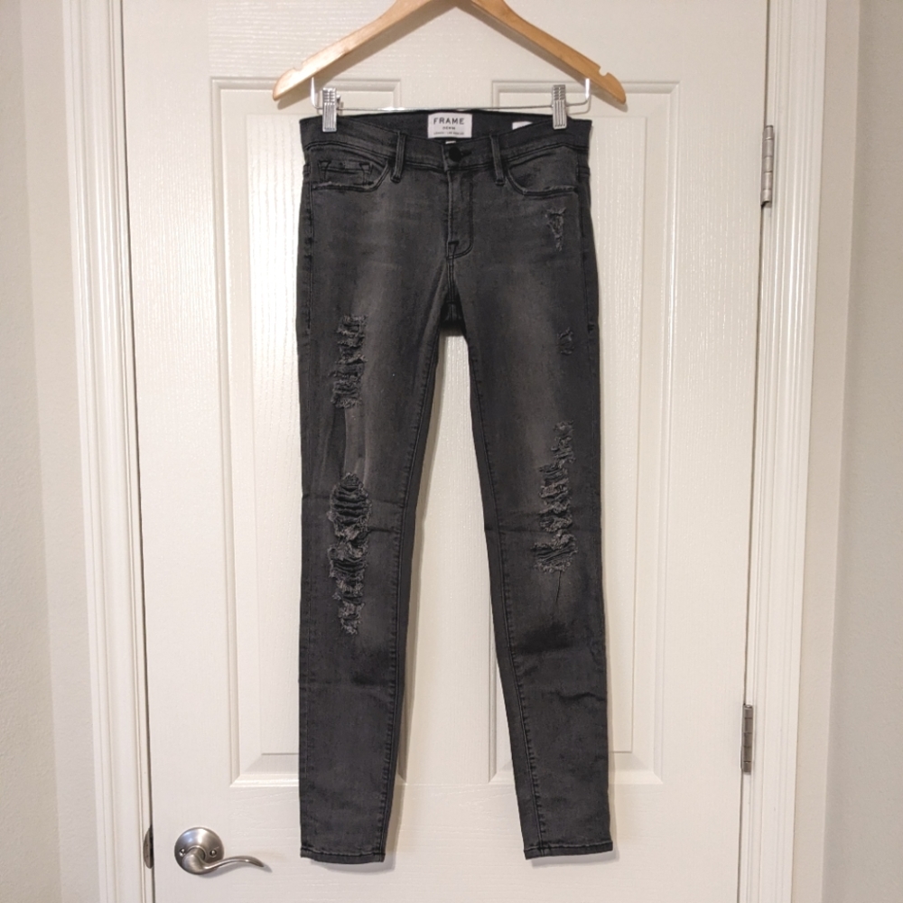 FRAME Dark Grey Shred Distressed Le Skinny de Jeanne Denim Jeans 27